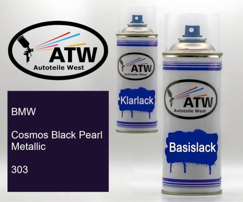 BMW, Cosmos Black Pearl Metallic, 303: 400ml Sprühdose + 400ml Klarlack - Set, von ATW Autoteile West.